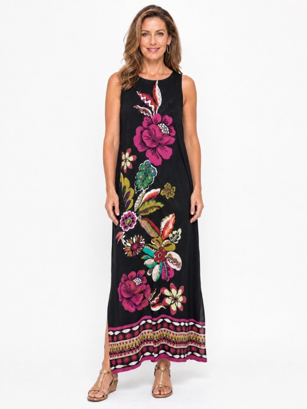NWOT Slim Factor by Investments Size M Black Floral Maxi Sundress